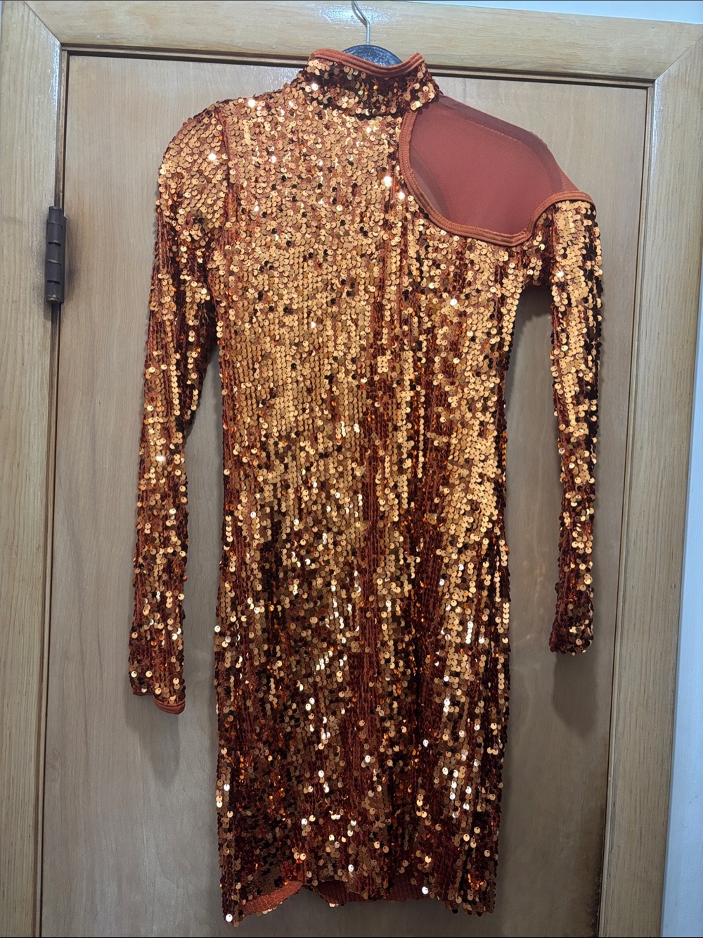 Sequined High-Neck Long Sleeve Dress in Copper